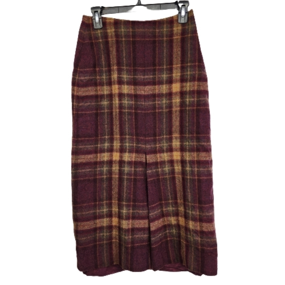Vintage Jones New York Country 100% Wool Plaid Midi Skirt Size 6P Dark Acadamia